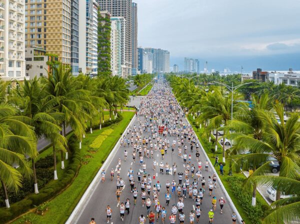 Marathon participants in full stride.
